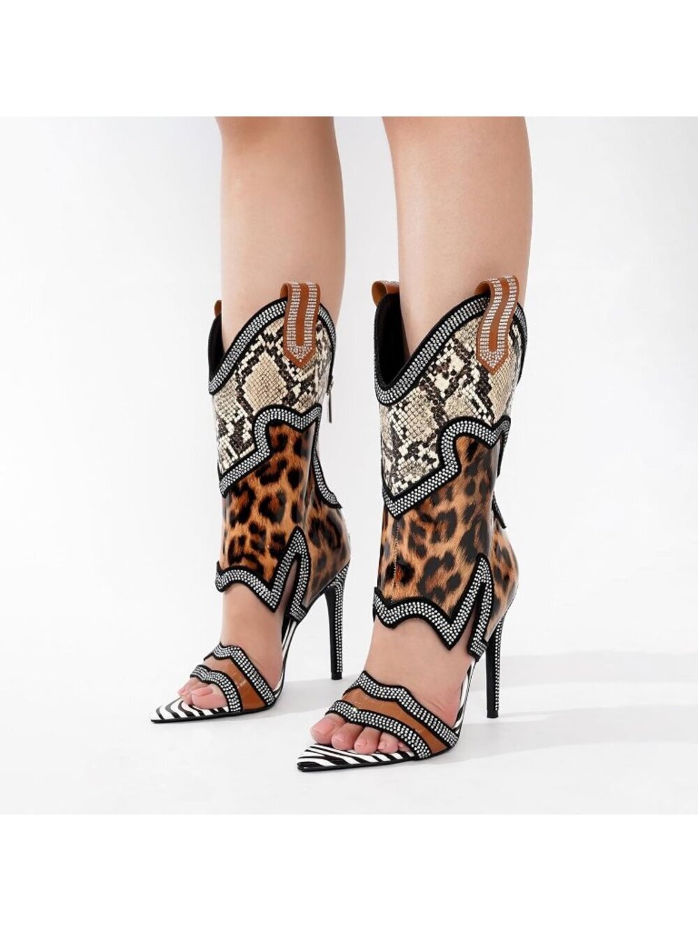 Women's Animal Print Rubber Cutout Ankle Pointed Toe Side Zipper Ankle Booties - Picture 5 of 6